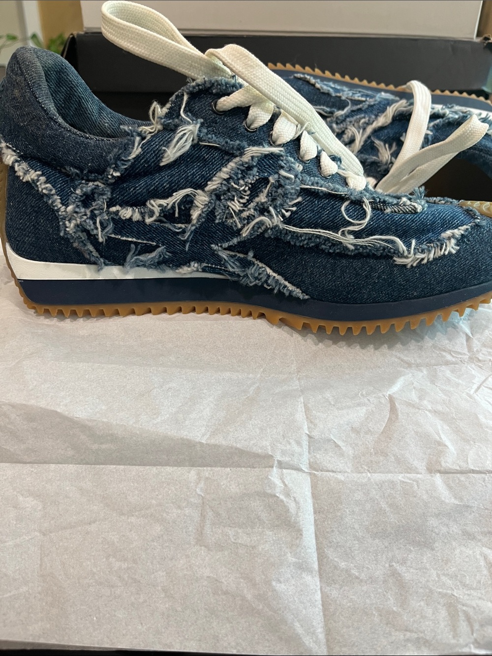 Loewe Distressed Denim Runner Sneakers in Blue with Cream Laces - Picture 8 of 12